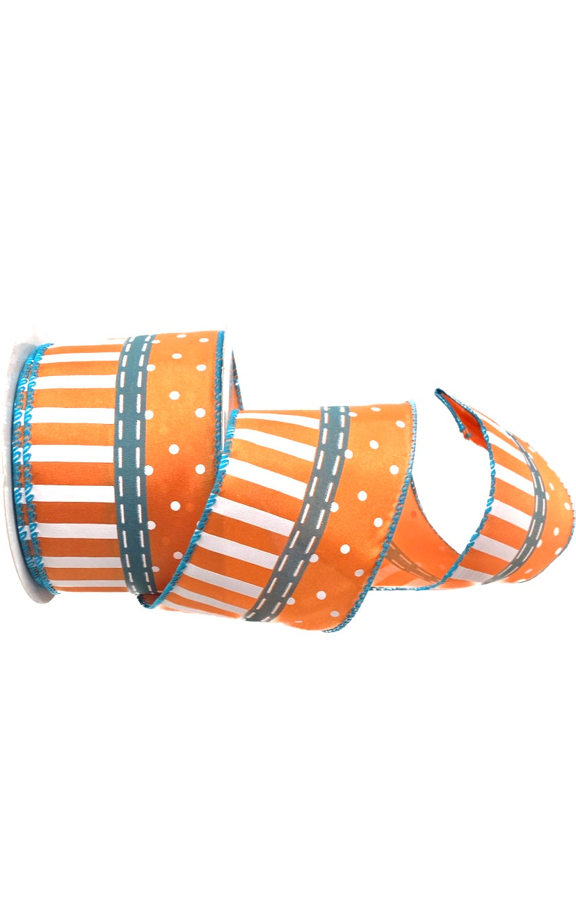 Wired Orange with White Polka Dots and Stripes Ribbon- 2.5”x10 Yards