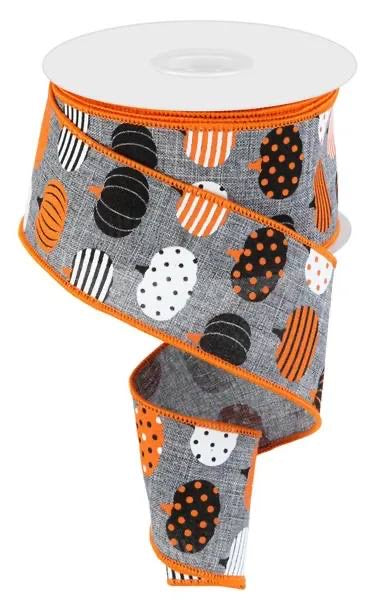Wired Gray Pumpkin Ribbon with Orange Edge Border - Fall Ribbon - Halloween Ribbon-2.5”x10 Yards