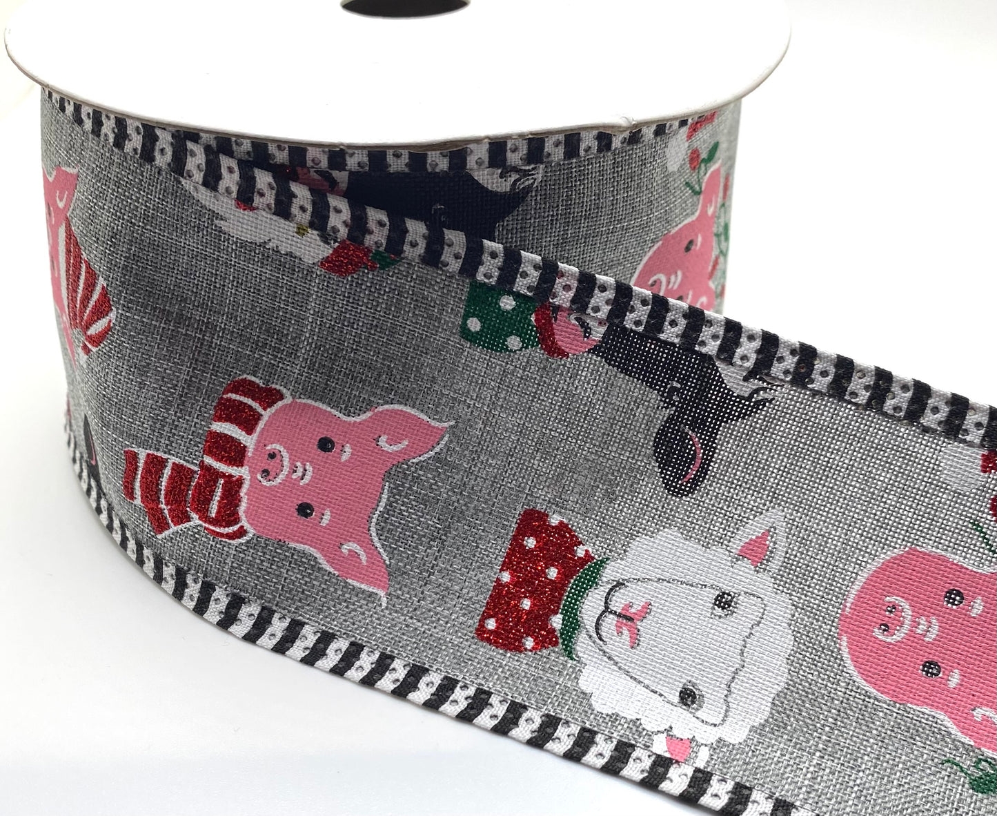 10 Yards - 2.5” Wired Gray Background Christmas Farm Animals Ribbon