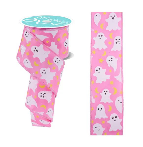 Wired Pink Cute Ghost Ribbon -2.5”x10 Yards