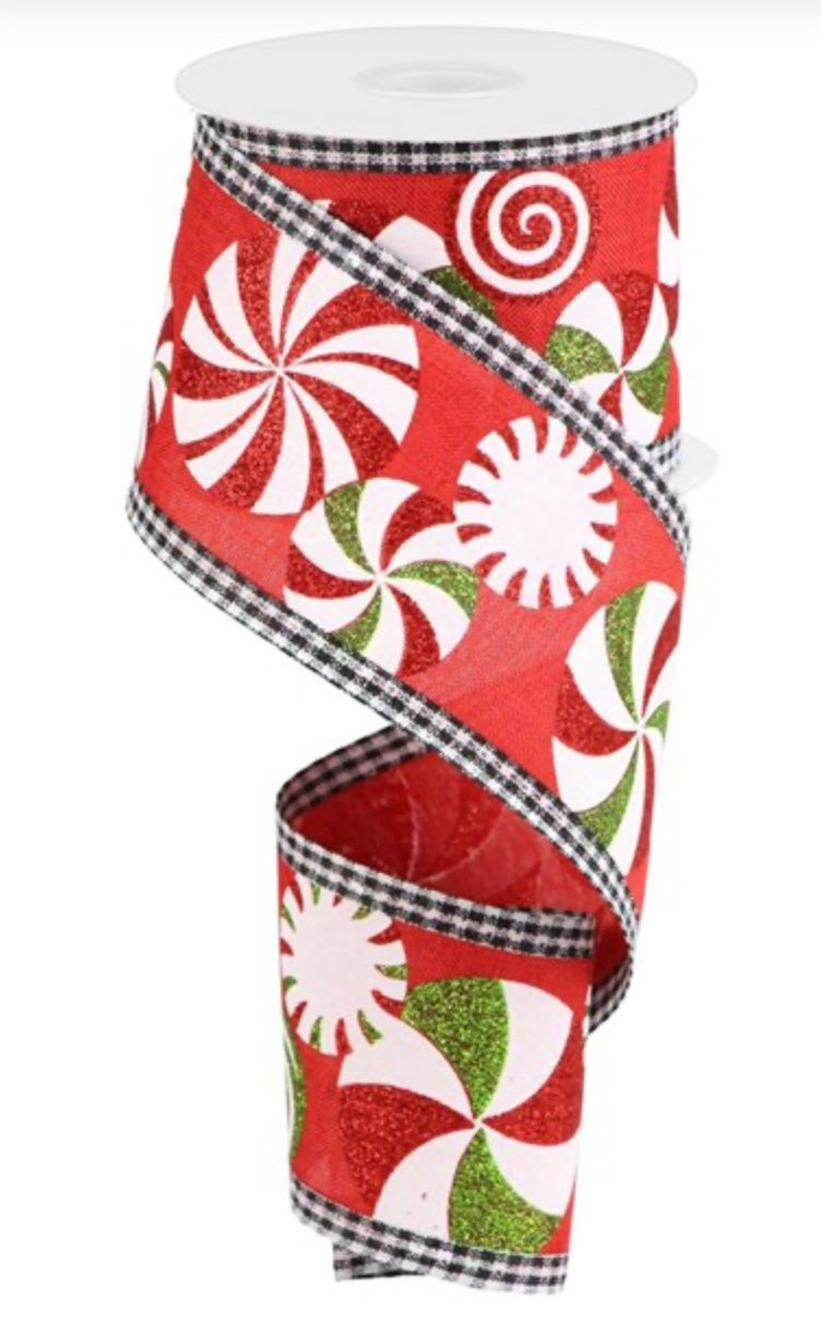 10 Yards - 2.5” Wired Peppermint Candy Christmas Ribbon with Glitter Accent