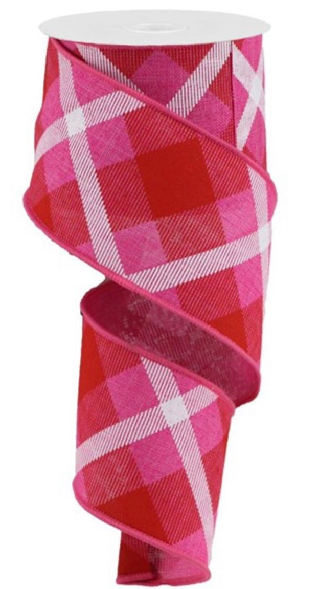 10 Yard - 2.5” Wired 2.5" x 10yd Printed Plaid On Royal Fuschia/Red and White Ribbon