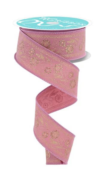 Wired Dusty Rose and Gold Embroidered Style Floral Ribbon- 1.5”x10 Yards