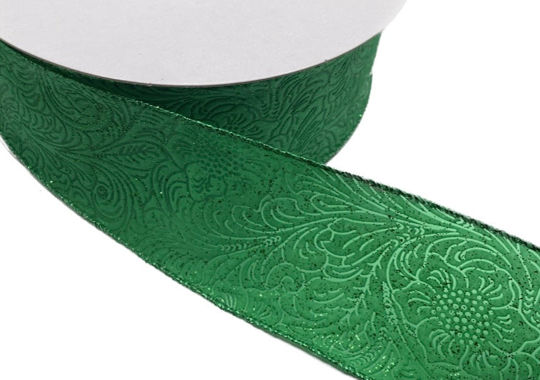 50 Yards - 2.5" Wired Emerald Green with Glitter Floral Design Embossed Ribbon