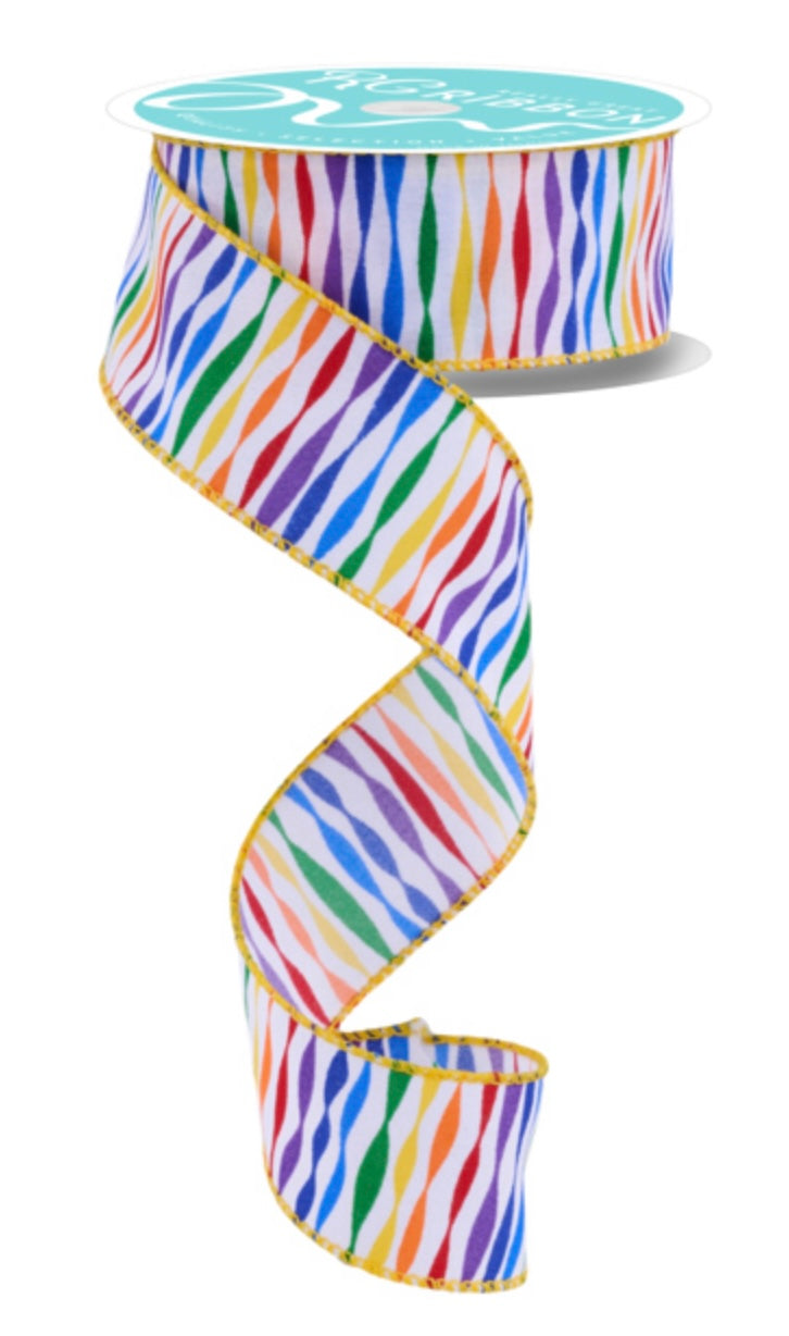 10 Yards- 1.5” Wired Twisted Stripe Rainbow Ribbon