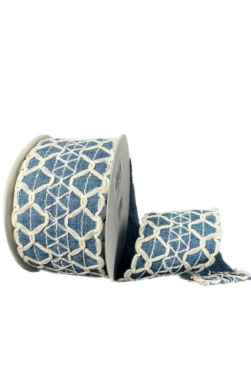 10 Yards - 2.5” Wired Ivory Scallop Open Weave Denim Blue Burlap Ribbon