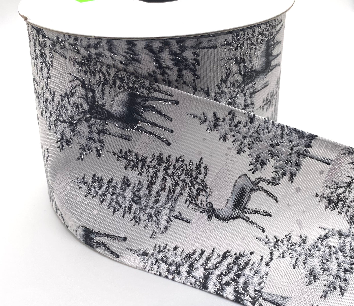 10 Yards - 2.5" Wired White Deer and Trees Reindeer Ribbon