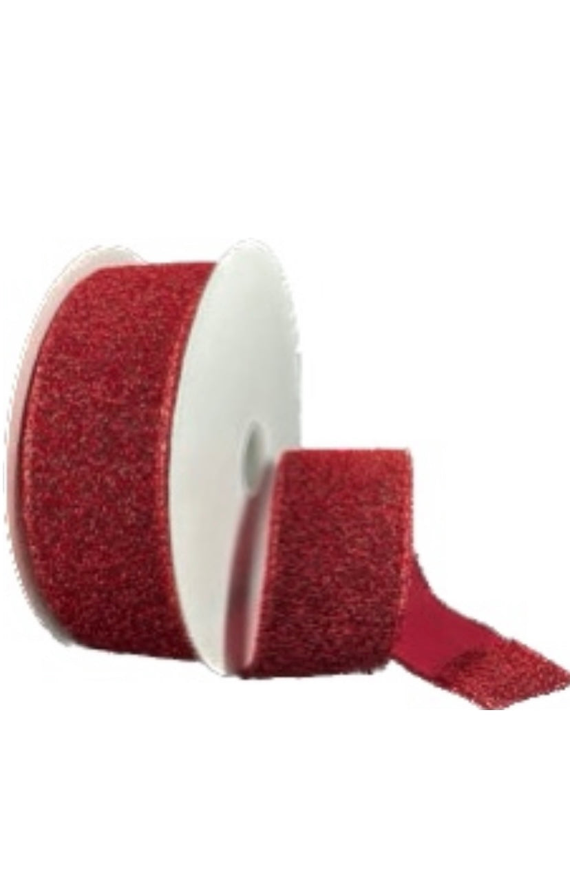 Wired Red Fuzzy Metallic Ribbon- 1.5”x10 Yards