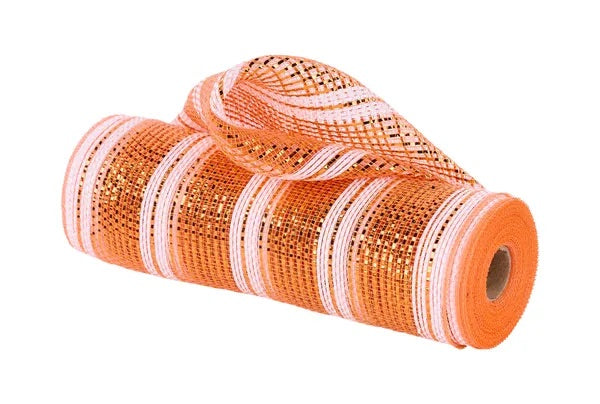 Metallic Orange and White Wide Foil Stripe Mesh- 10.5”x10 Yards