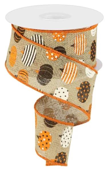 Wired Burlap Pumpkin Ribbon with Orange Stripe Border - Fall Ribbon - Halloween Ribbon-2.5”x10 Yards
