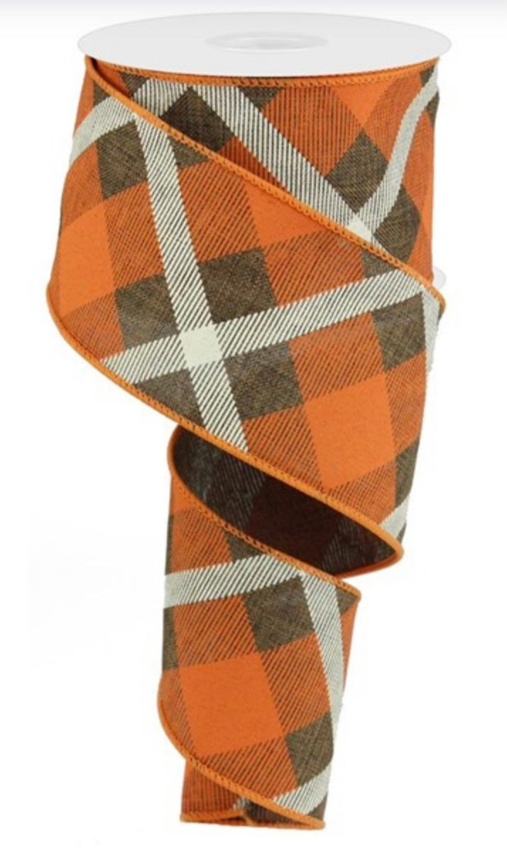 10 Yards - 2.5” Wired Orange, Cream, and Brown Fall Cross Plaid Ribbon