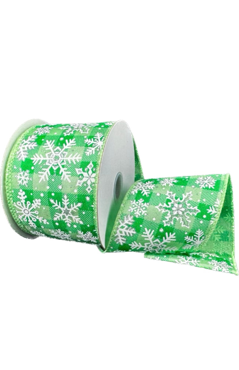 Wired Mint Green Check Satin Snowflake Ribbon-2.5”x10 Yards