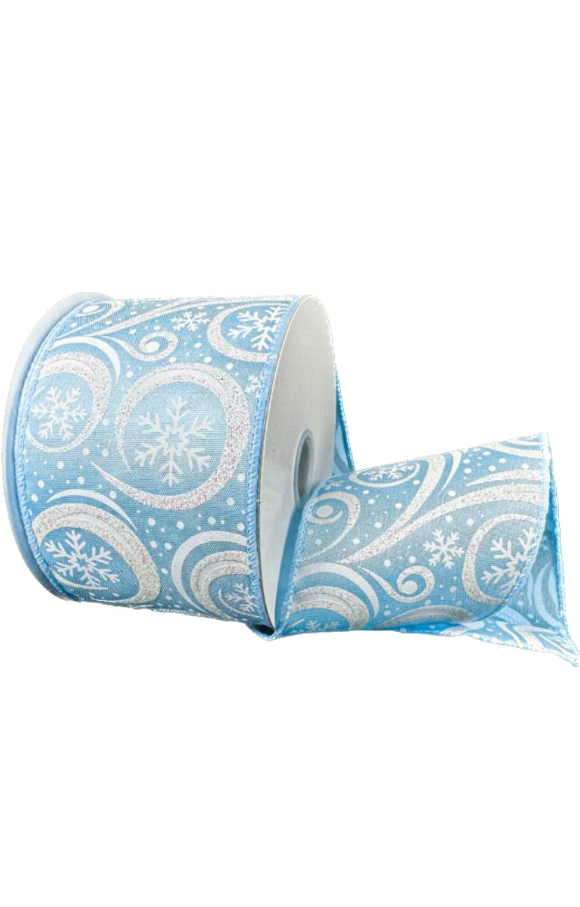 Wired Light Blue Satin Snowflakes and Flurries Ribbon-2.5”x10 Yards