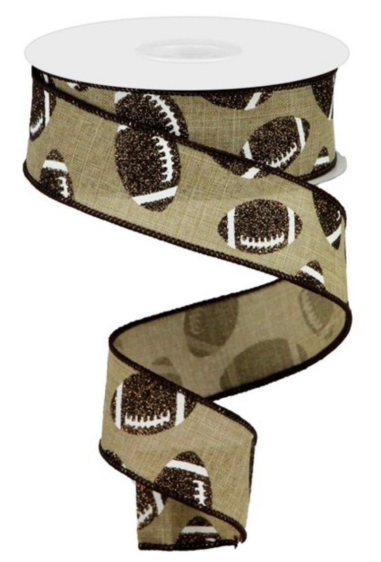10 Yards - 1.5” Wired Natural Background Football Ribbon with Glitter Accent