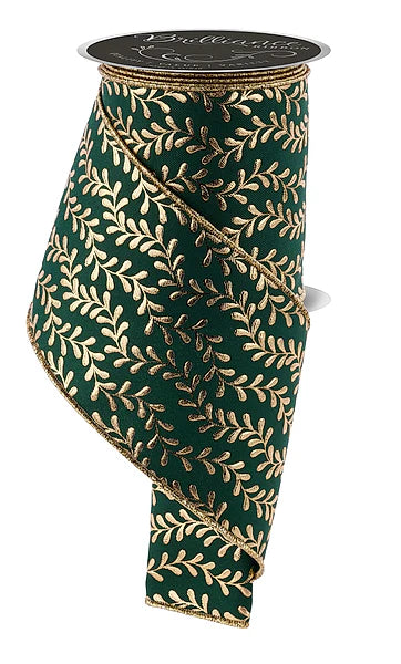 Wired Green Foil Leaf Swirl Ribbon- 4”x10 Yards