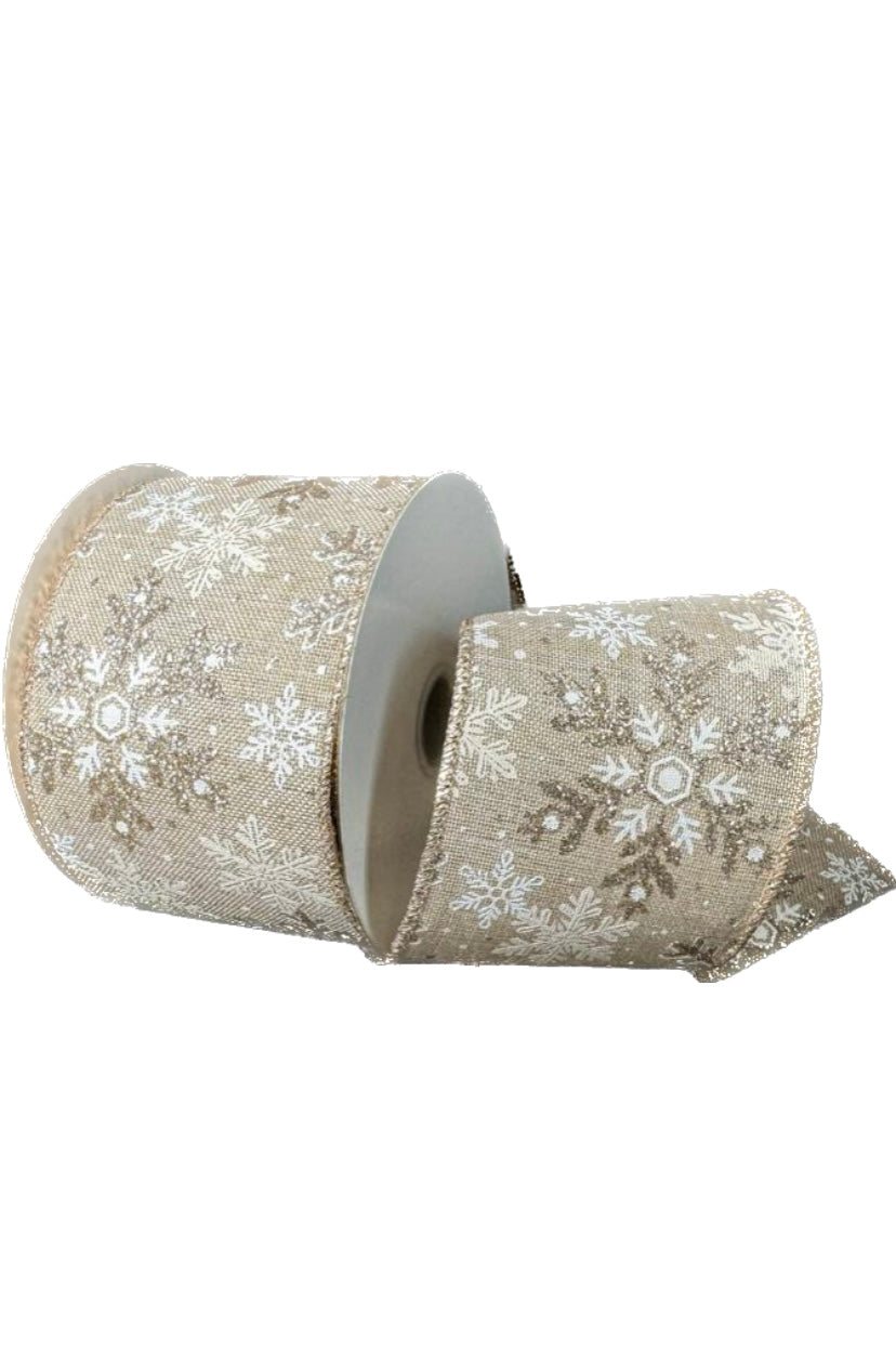 Wired Natural Linen Glitter Snowflakes Ribbon-2.5”x10 Yards