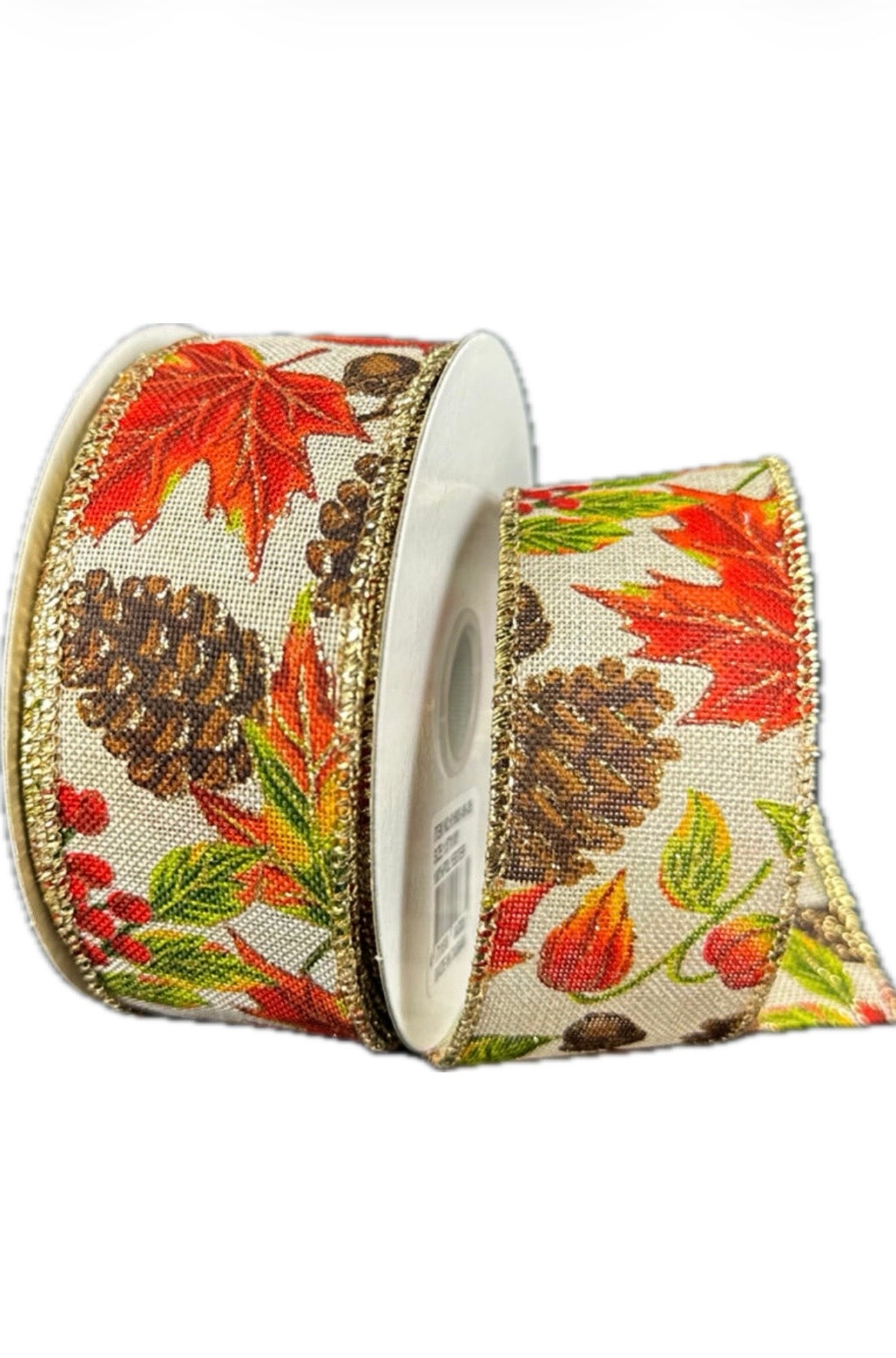 Wired Natural Linen Fall Leaves on Forest Floor Ribbon- 1.5”x10 Yards