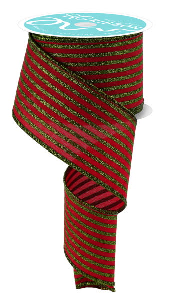 Wired Red and Lime Vertical Stripe Glitter Accent Ribbon- 2.5”x10 Yards