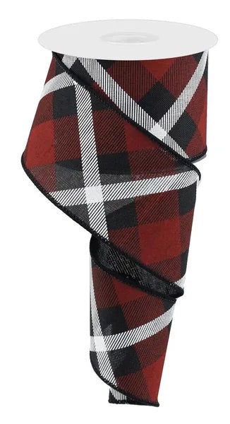 Wired Red, Black, and White Cross Plaid Christmas Ribbon- 2.5”x 10 Yards