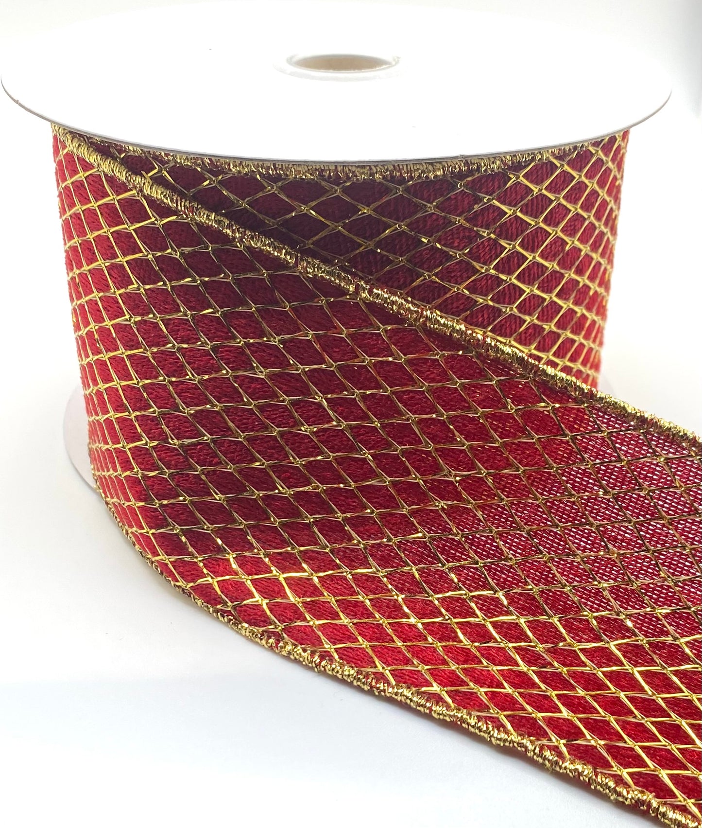 10 Yards - 2.5” Wired Red Velvet Gold Net Overlay Ribbon