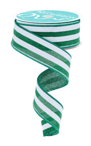 10 Yards - 1.5" Wired Green and White Stripe Ribbon