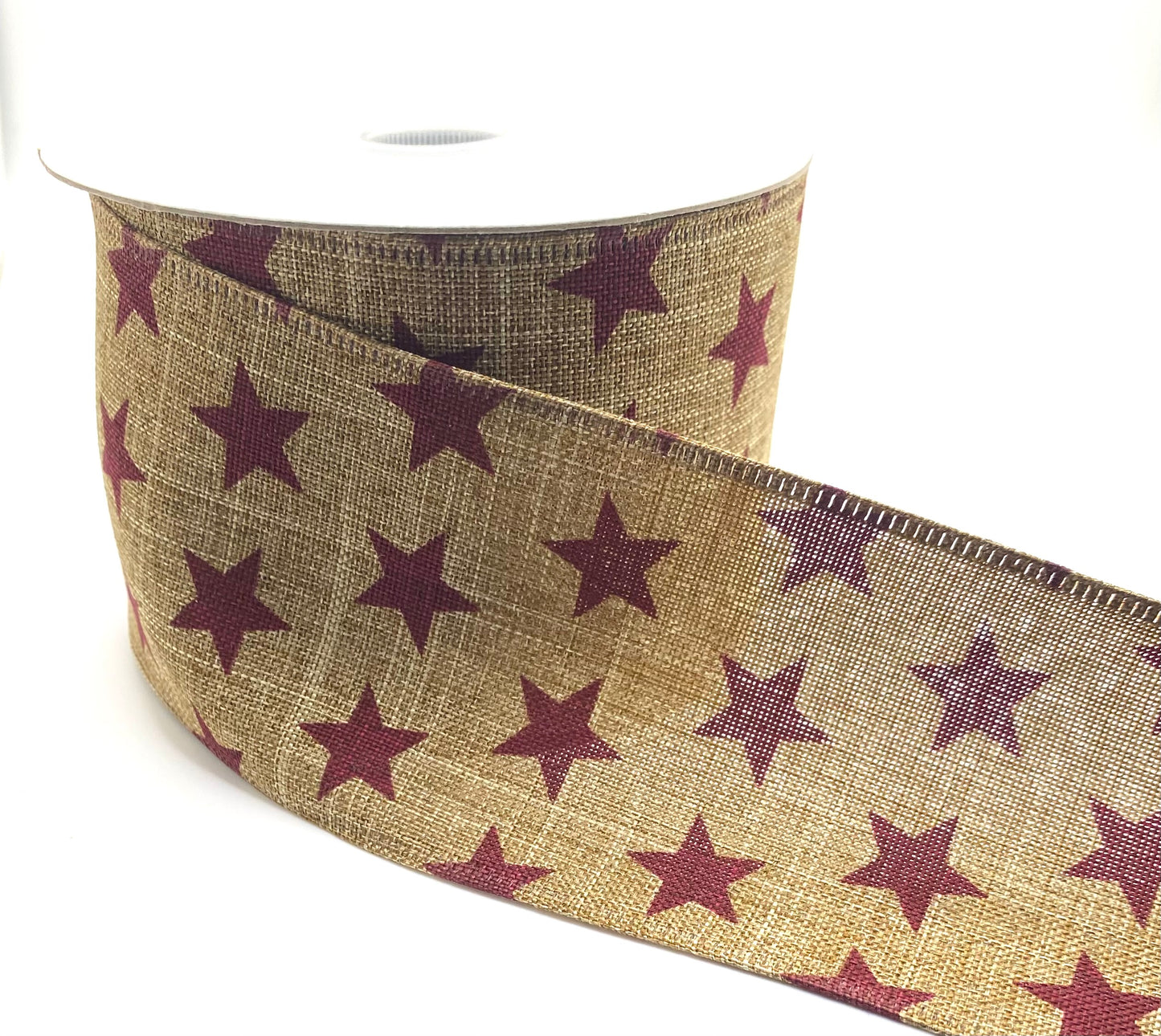 10 Yards - 2.5” Wired Natural with Burgundy Stars Ribbon