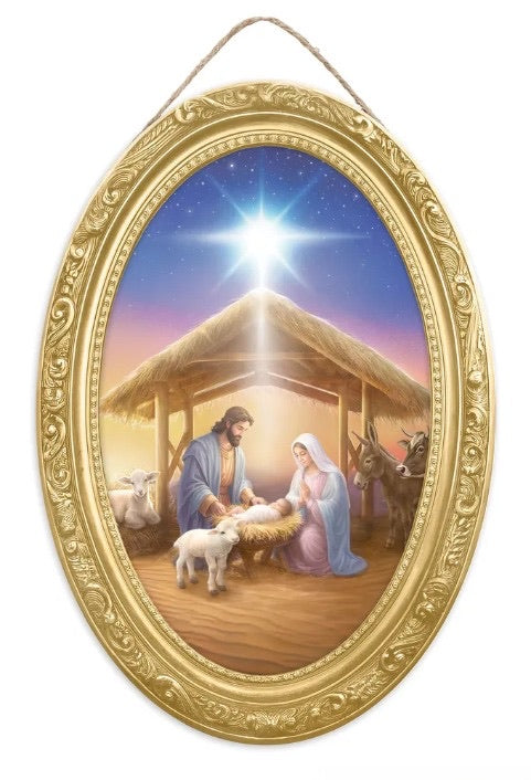 13"H x 9"L Oval Nativity Wreath Sign