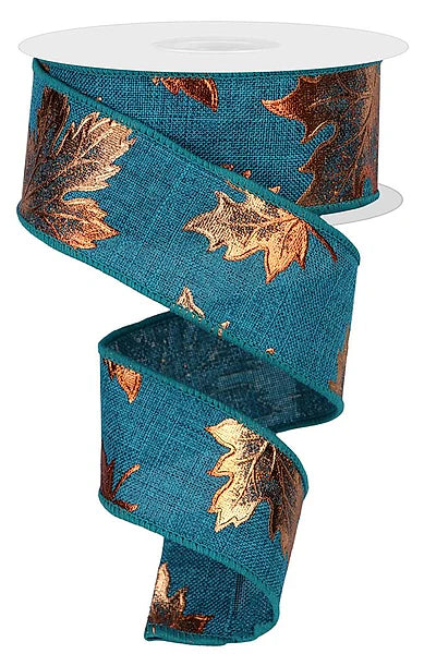 Wired Teal Background with Orange Foil Fall Leaves Ribbon-1.5”x10 Yards