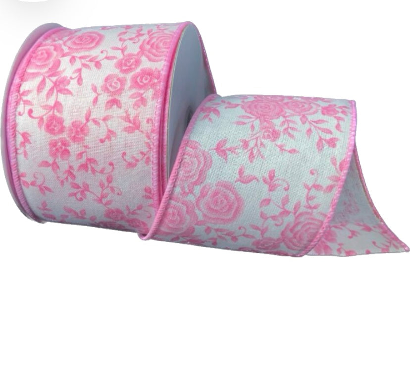 10 Yards - 2.5" Wired Pink Rose Floral Ribbon