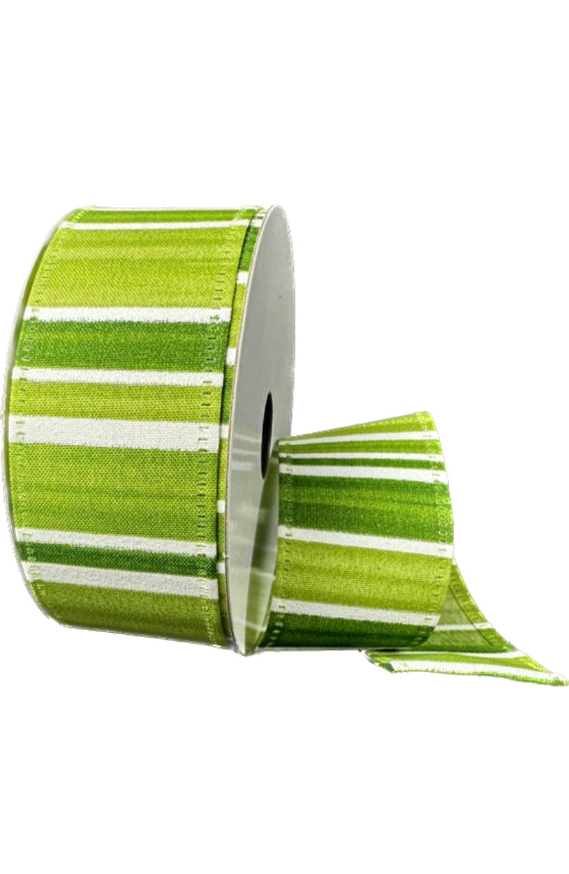 10 Yards - 1.5” Wired Green Moss White Stripe Ribbon
