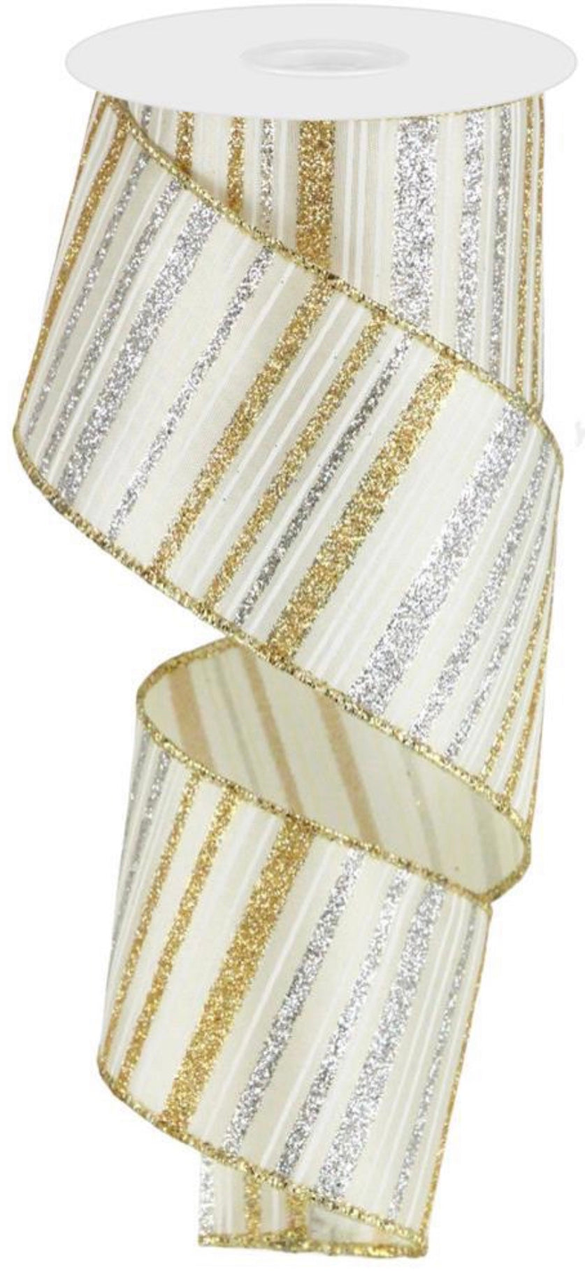 10 Yards - 2.5” Wired Champagne, Silver, Gold, and White Glitter Stripe Ribbon