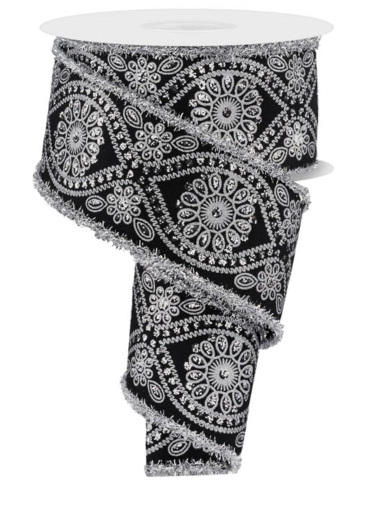 10 Yards - 2.5” Wired Black and Silver Deluxe Wavy Floral Tinsel Edge Ribbon