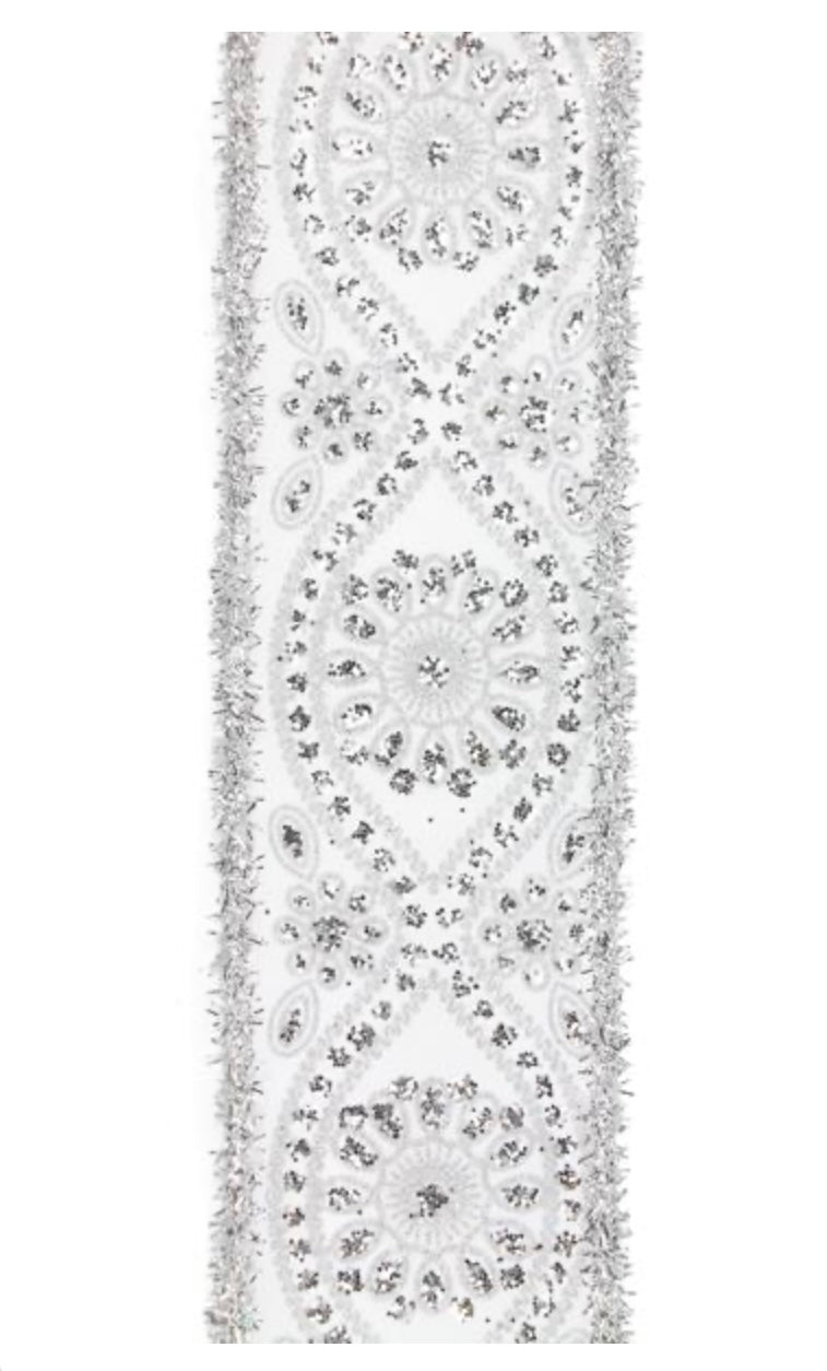 10 Yards - 2.5” Wired White and Silver Deluxe Wavy Floral Tinsel Edge Ribbon