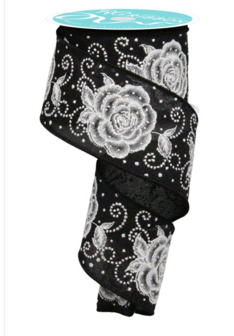 10 Yards - 2.5” Wired Raised Roses Black and White Floral Ribbon