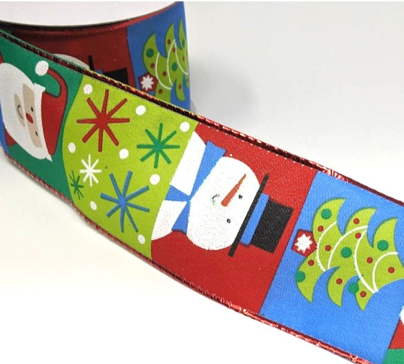 10 Yards - 2.5” Wired Red, Blue and Green Snowman Ribbon