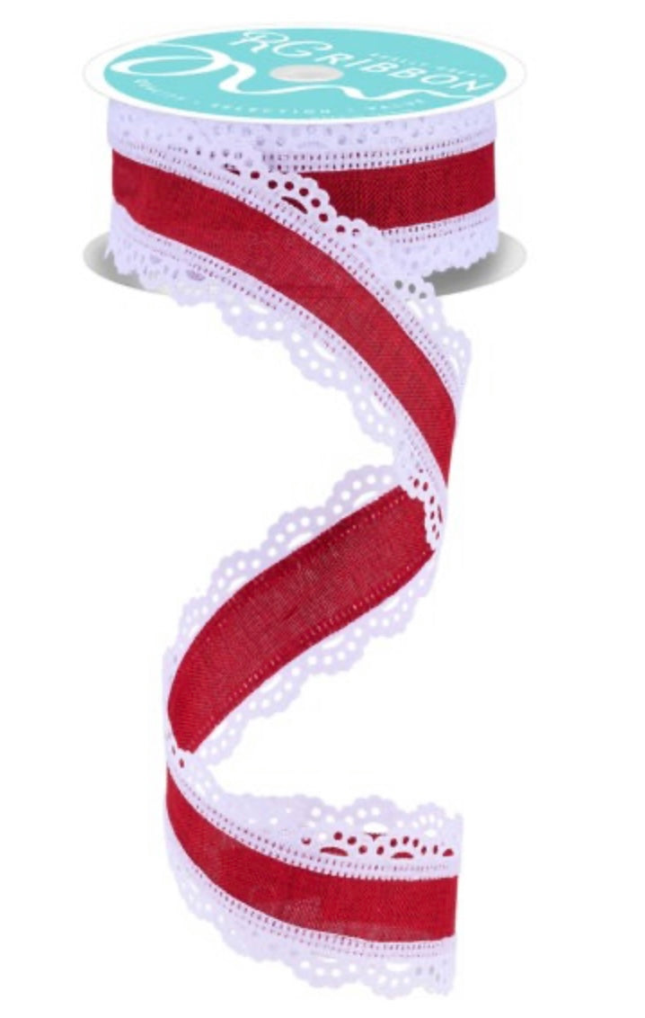 10 Yards - 1.5" Wired Burgundy Background with Lace Edge Ribbon