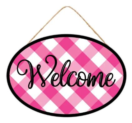 15”x10.35” Oval Pink and White Plaid Wreath Sign