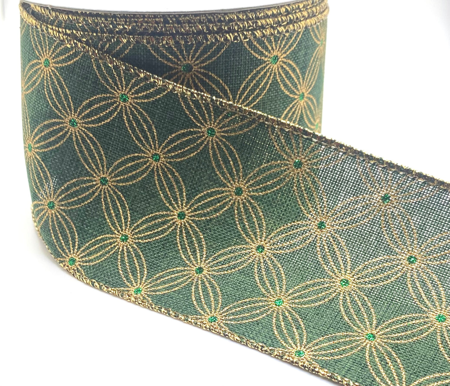 10 Yards - 2.5” Wired Hunter Green Ornate Circles Ribbon