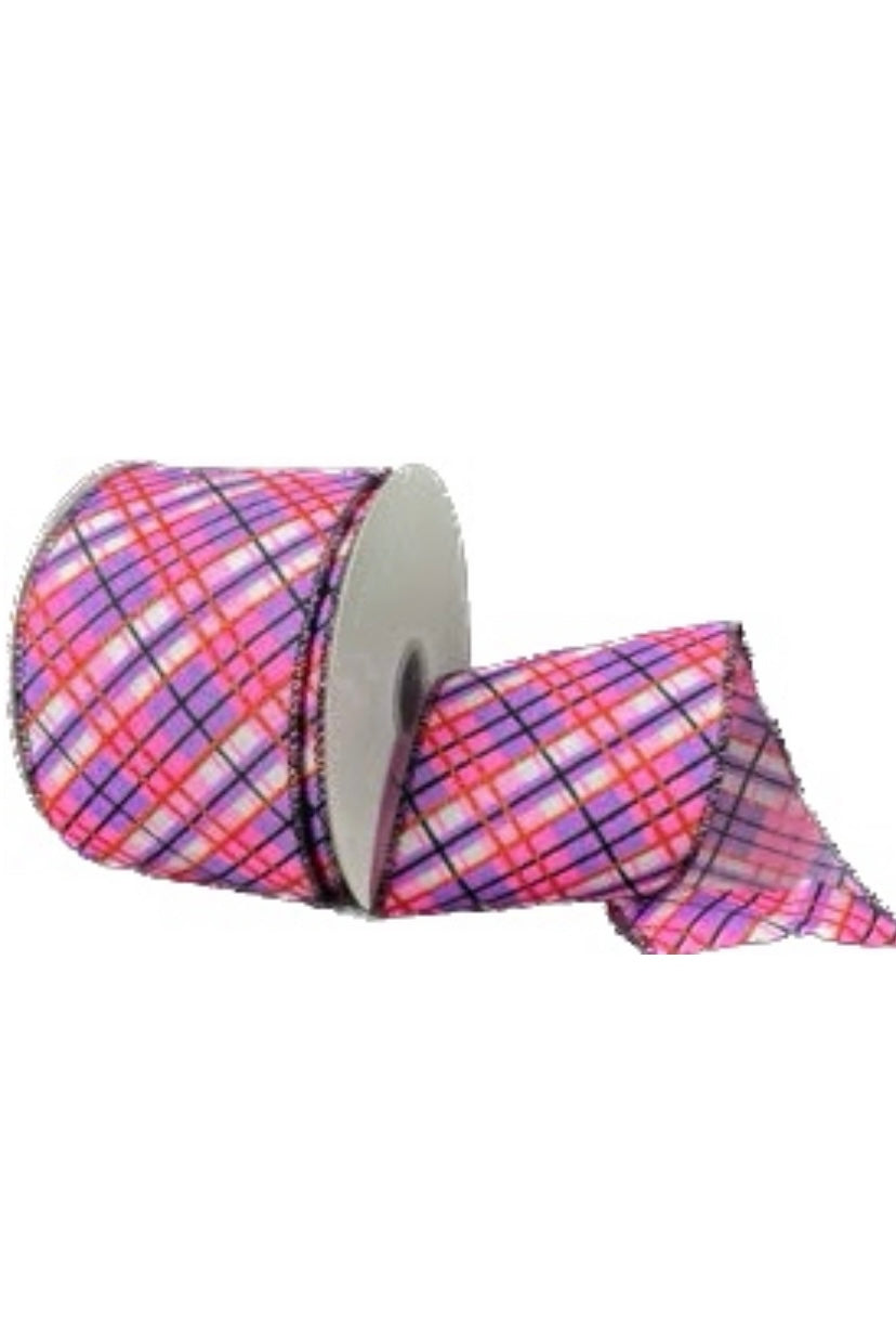 Wired Pink, Purple, and White Diagonal Cross Printed Plaid Ribbon-2.5”x10 Yards