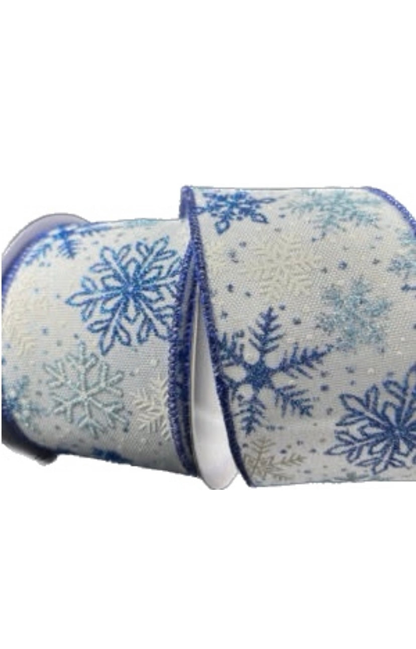 Wired White Linen Blue Glitter Snowflake Ribbon- 2.5”x10 Yards