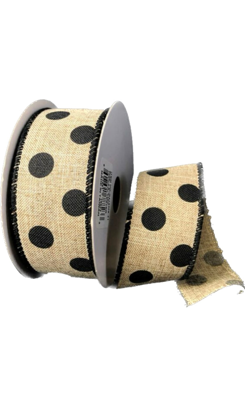 Wired Black Dot On Natural Ribbon-1.5”x10 Yards