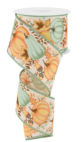 Wired Light Sage and Orange Pumpkin and Acorn Fall Ribbon- 2.5”x10 Yards