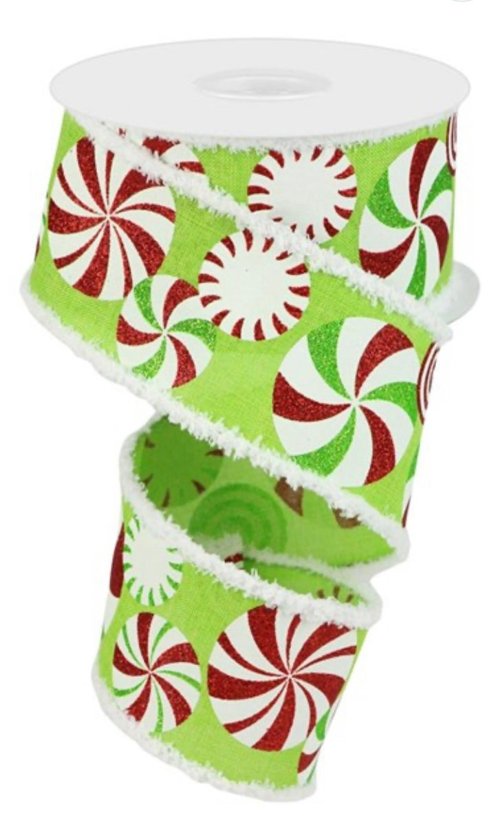 10 Yards - 2.5” Wired Peppermint Candy with Snowdrift Edge Christmas Ribbon