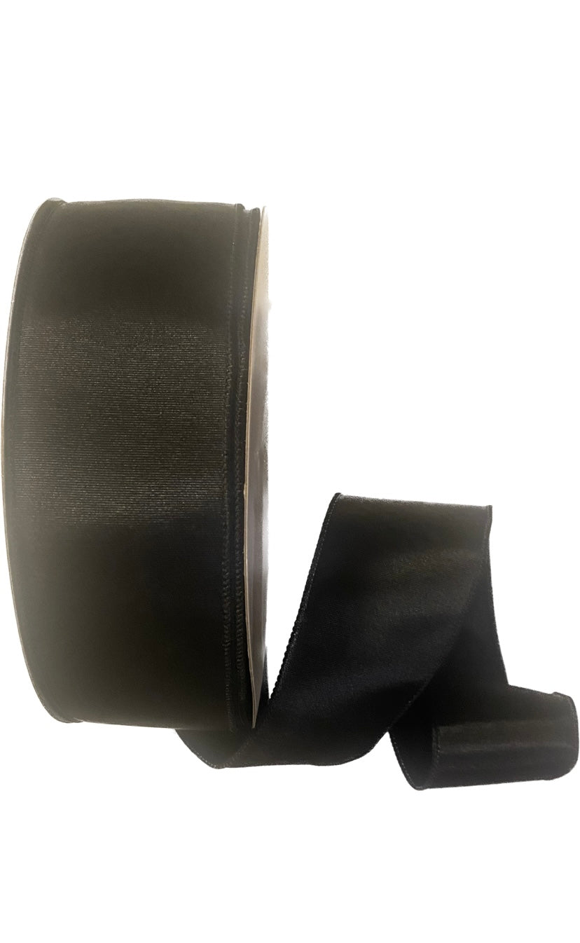 50 Yards - 2.5” Wired Black Ribbed Satin Ribbon