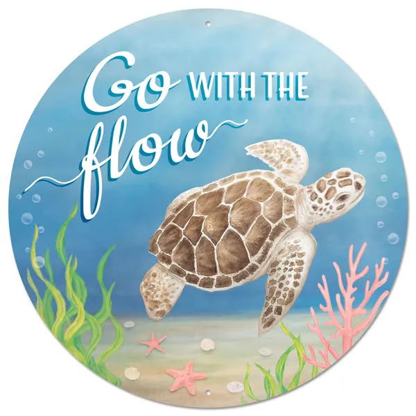 12” Round Metal Go With The Flow Sea Turtle Wreath Sign