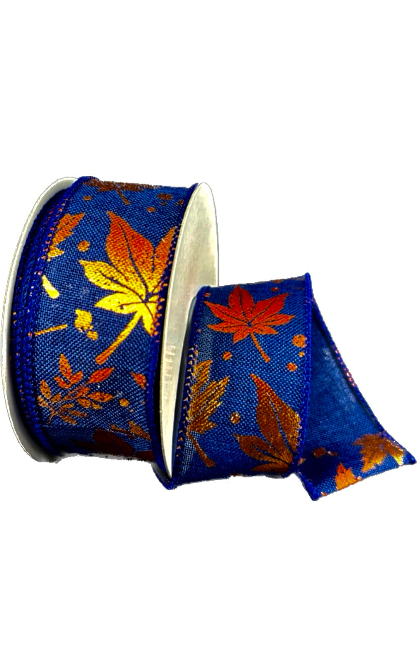 Wired Navy Blue with Foil Fall Leaves Ribbon- 2.5”x10 Yards