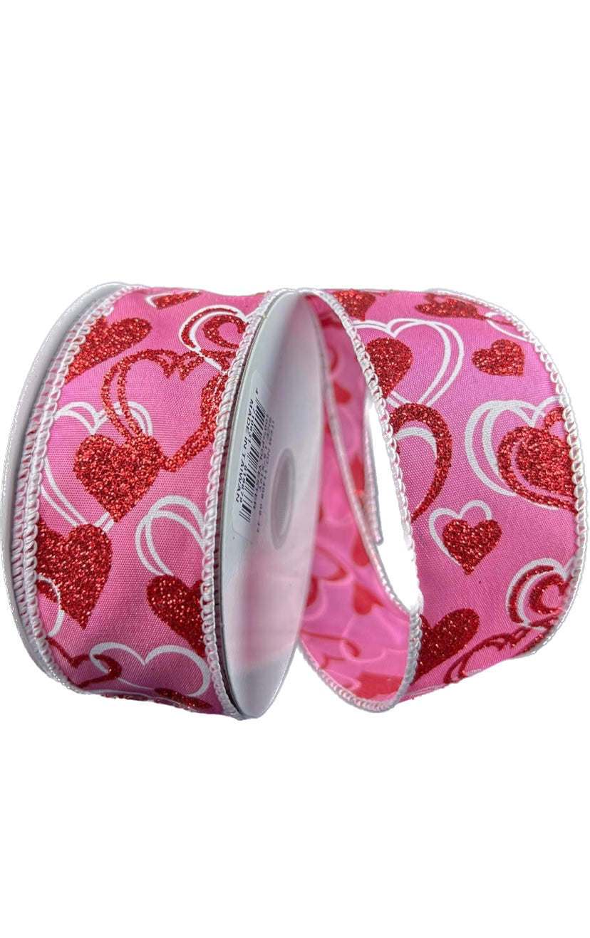 Wired Pink Satin Red Hearts Valentines Day Ribbon- 1.5”x10 Yards