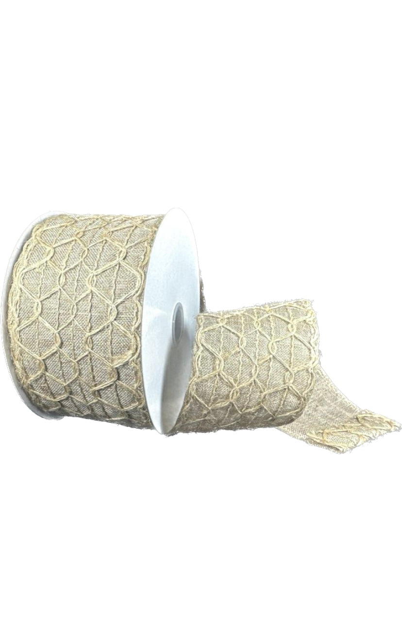 Wired Natural Scallop Open Weave Natural Blue Burlap Ribbon-2.5”x10 Yards