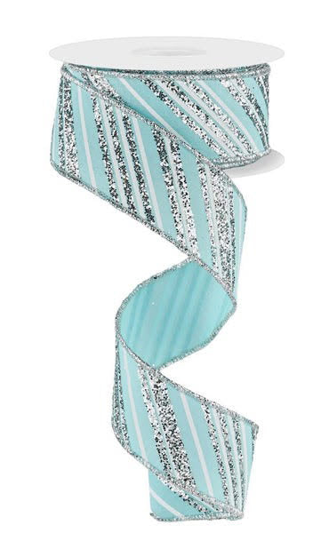 Wired Ice Blue, White, and Silver Glitter Swirl Stripe Ribbon- 1.5”x10 Yards