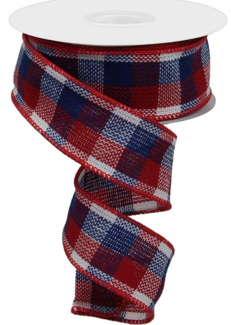 10 Yards - 1.5” Wired Red, White, and Blue Check Ribbon